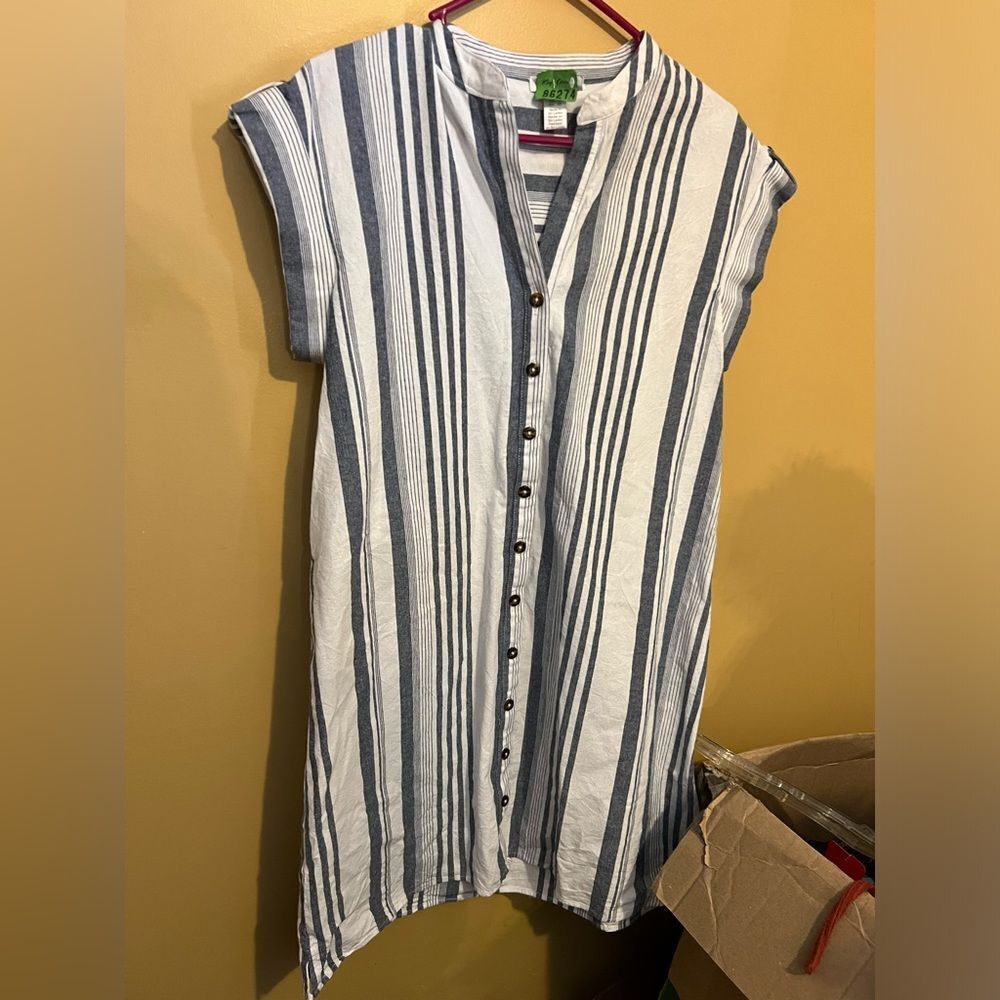 London Times Blue and White Striped Button-Front Shift Dress